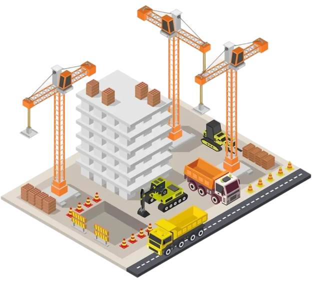 An isometric illustration of a construction site with cranes, trucks, diggers, and a multi-storey building under construction surrounded by safety cones and barriers.